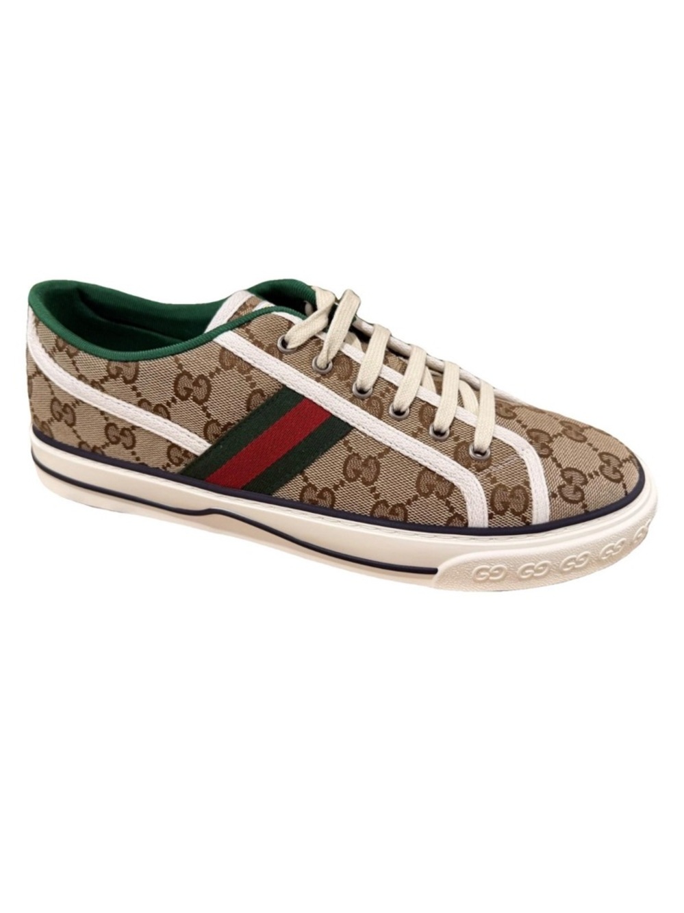 Gucci Beige GG Canvas Low-Top Sneaker with Green & Red Web
